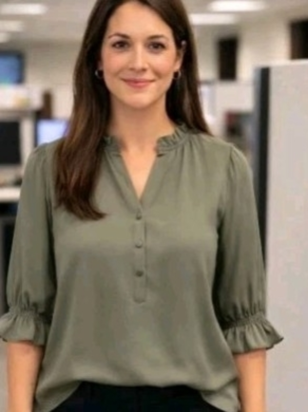 MELLODAY Satin XL Women Olive Green Ruffle-Neck Button Front Blouse